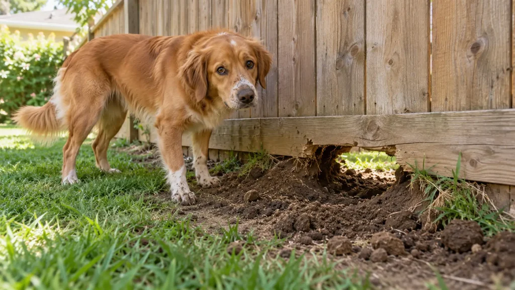 dog digging under fence